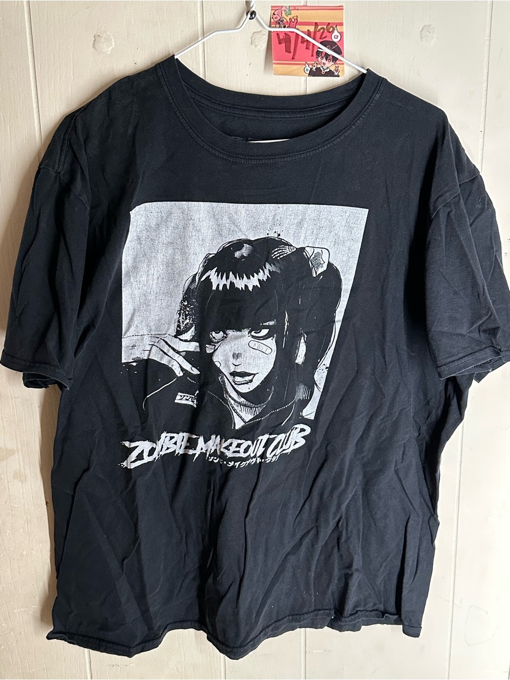 Black Graphic Short Sleeve Tee with Monochrome Anime Artwork